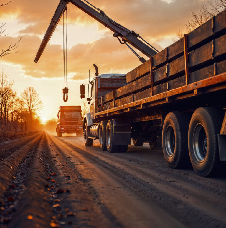 truck-with-crane-road-sunset