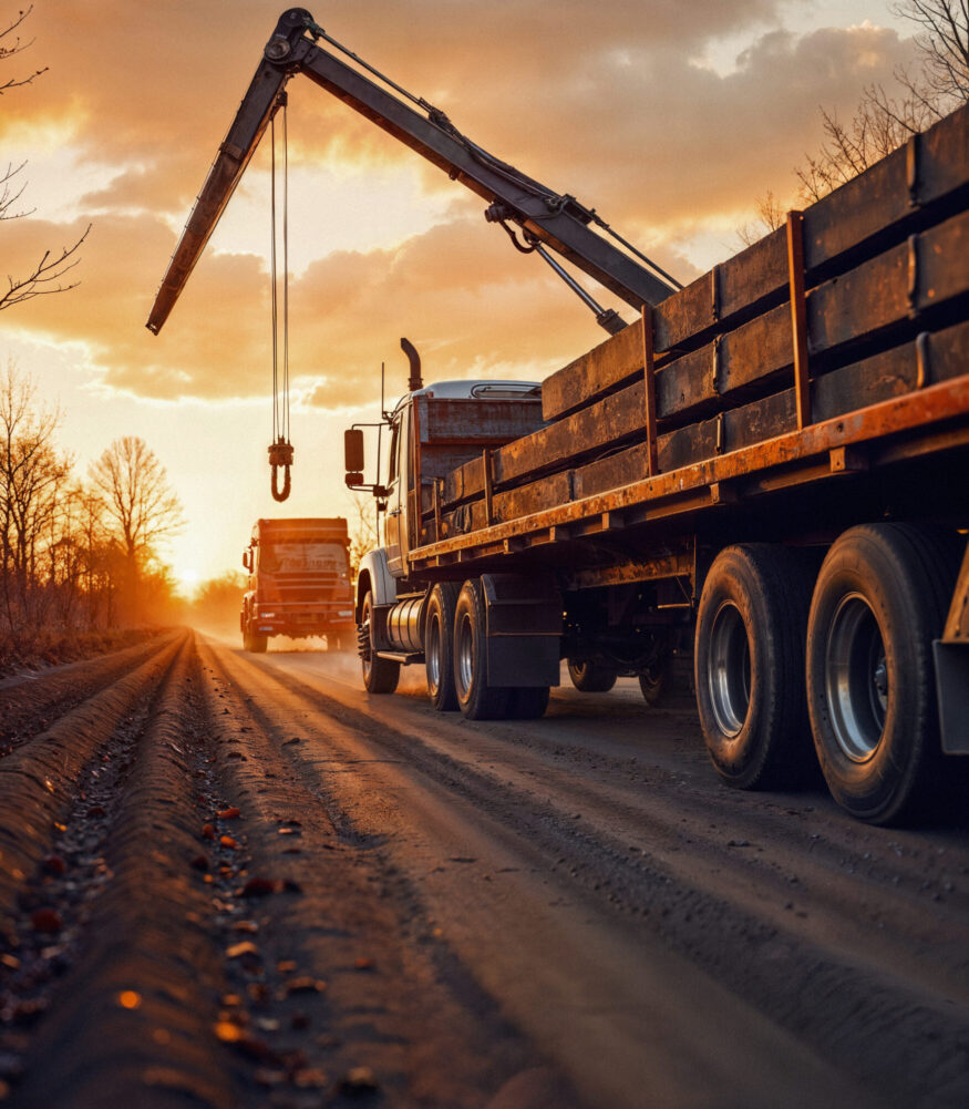 truck-with-crane-road-sunset